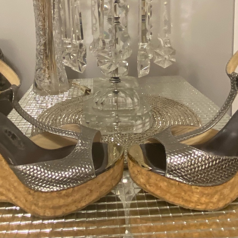 Jimmy Choo Pela Silver T-Strap Cork Platform Wedge Sandal Size 41 - Picture 4 of 16